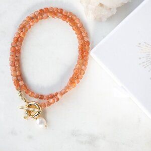 GORGEOUS Sunstone Beaded Necklace Gold Toggle Clasp Removable Pearl UNIQUE GIFT